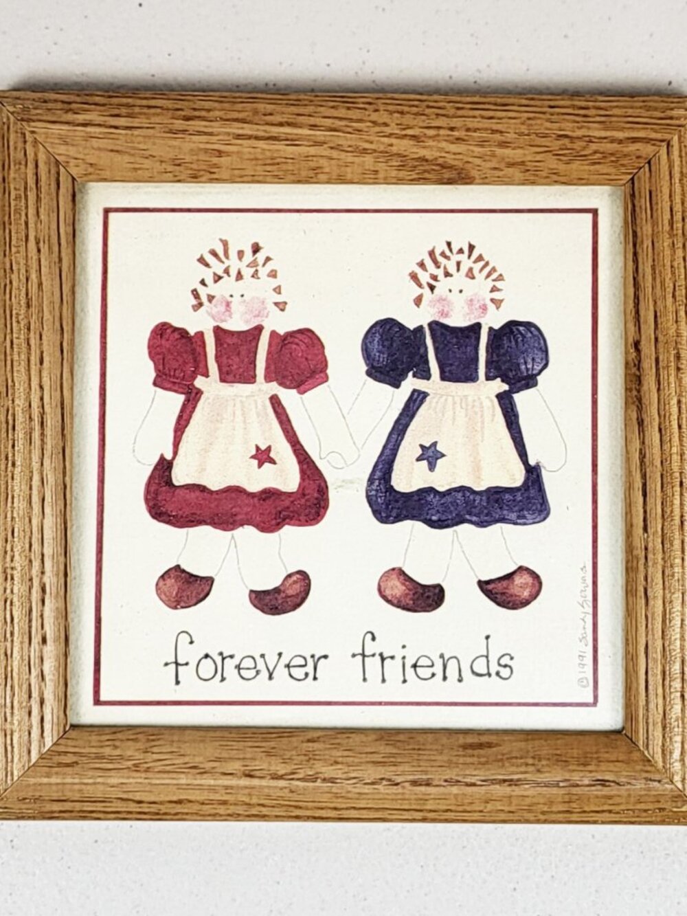 Vtg Ceramic Tile Folk Art Andy Gervais Solid Oak Frame Forever Friend Signed USA